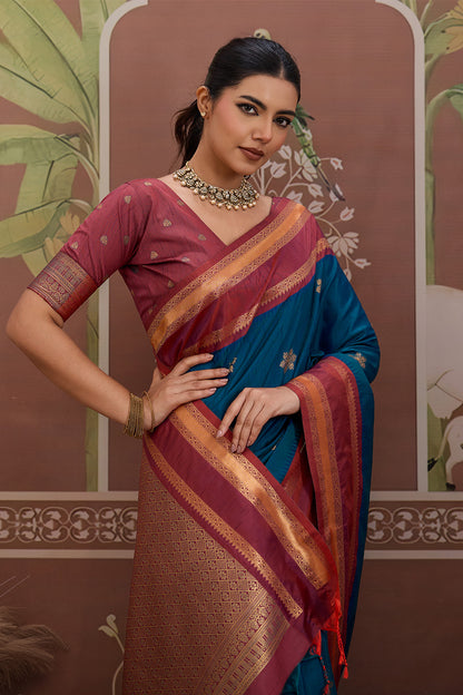 Navy Blue Onam Design Saree with blouse