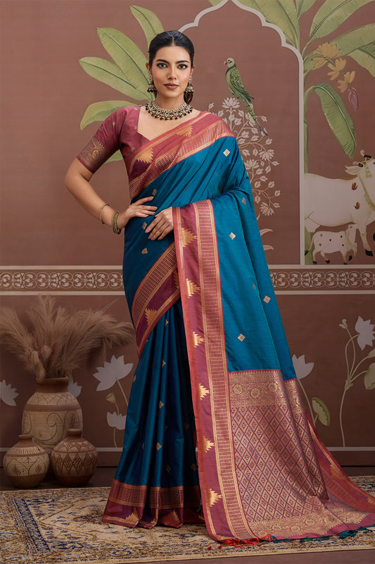 Blue Temple Design Saree with blouse