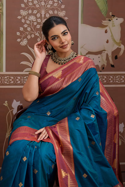 Blue Temple Design Saree with blouse