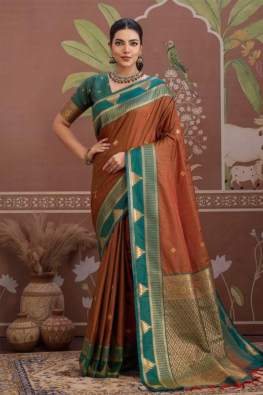 Brown Temple Design Saree with Blouse