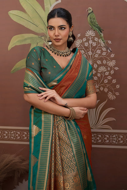 Brown Temple Design Saree with Blouse