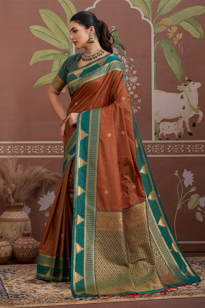 Brown Temple Design Saree with Blouse