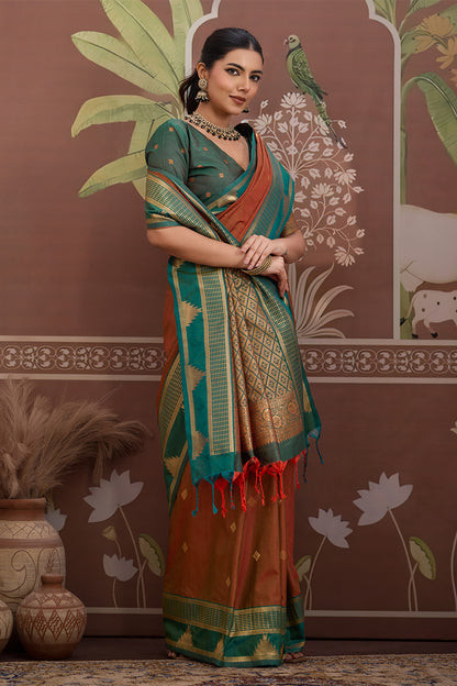 Brown Temple Design Saree with Blouse