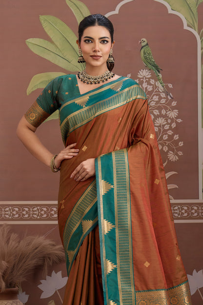 Brown Temple Design Saree with Blouse