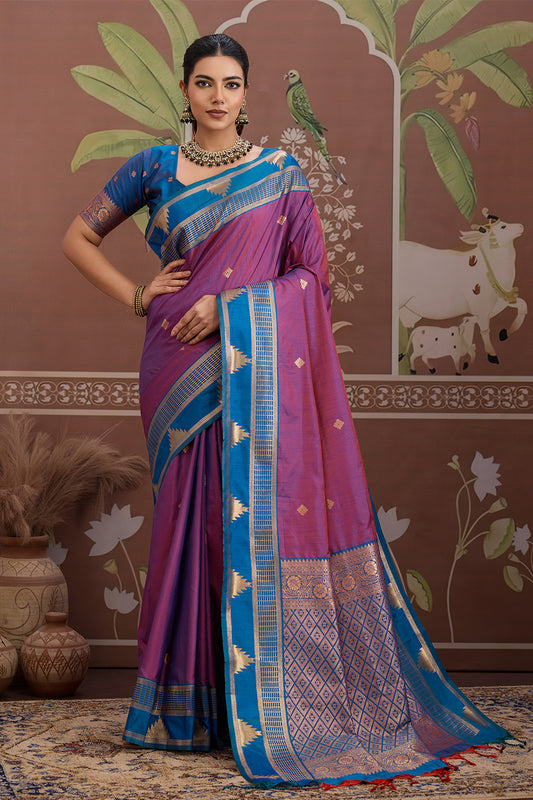 Pink Temple Design Saree with Blouse