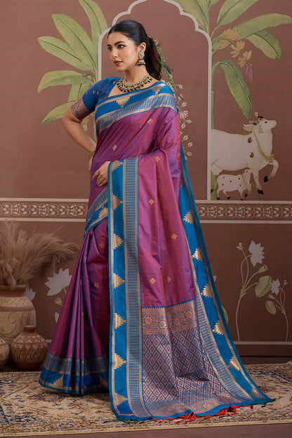 Pink Temple Design Saree with Blouse