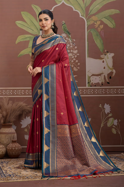 Red Temple Design Saree with blouse