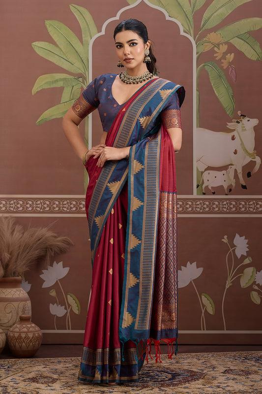 Red Temple Design Saree with blouse