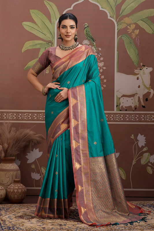 Sea green Temple Design Saree with blouse
