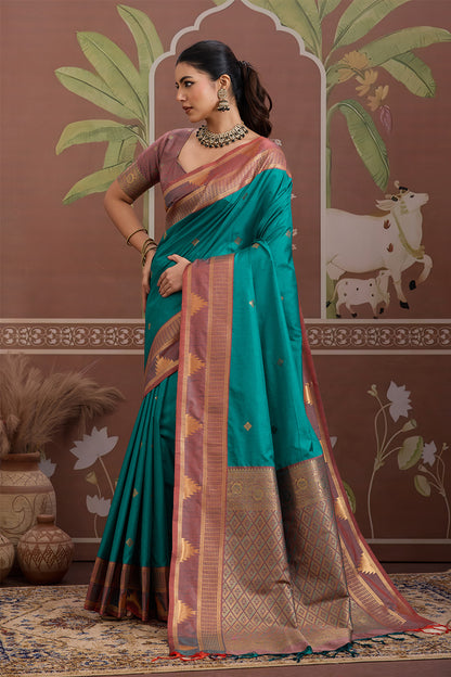 Sea green Temple Design Saree with blouse