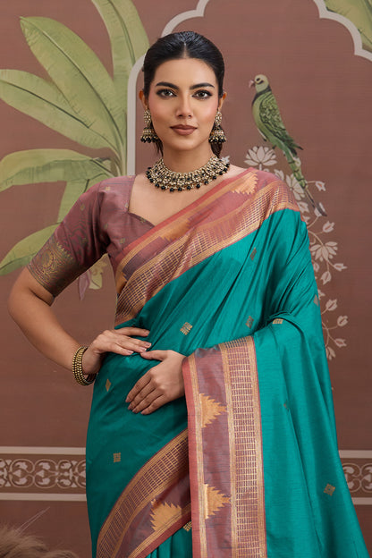 Sea green Temple Design Saree with blouse
