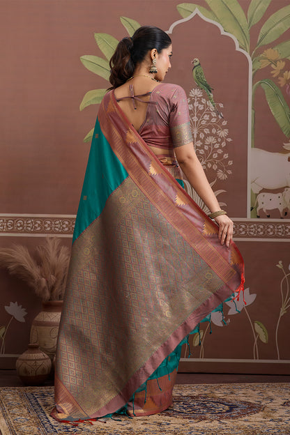 Sea green Temple Design Saree with blouse