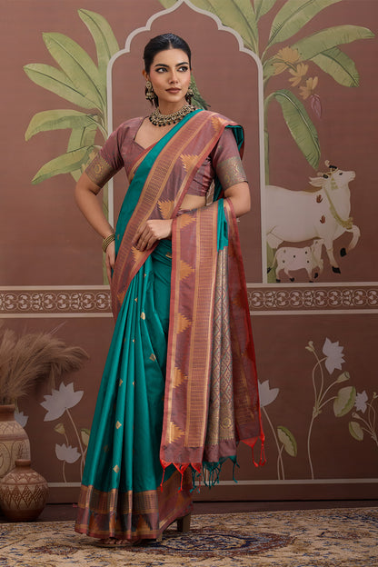 Sea green Temple Design Saree with blouse