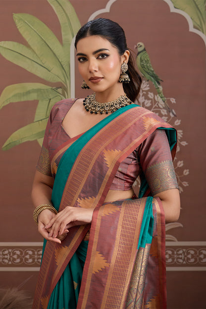 Sea green Temple Design Saree with blouse