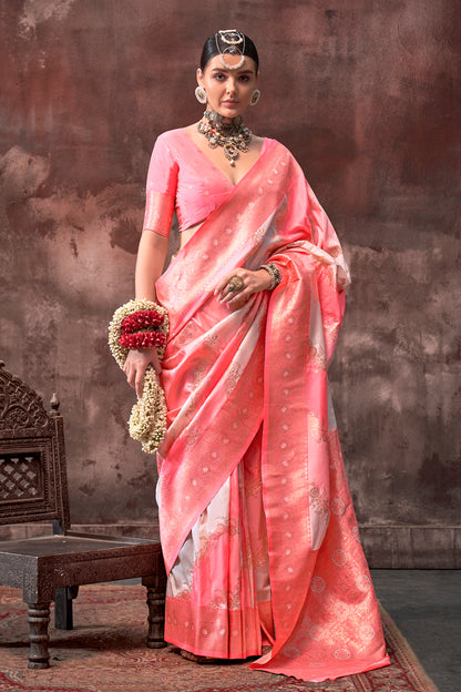 Multicolor Rangkaat Woven Saree With Coral Blouse
