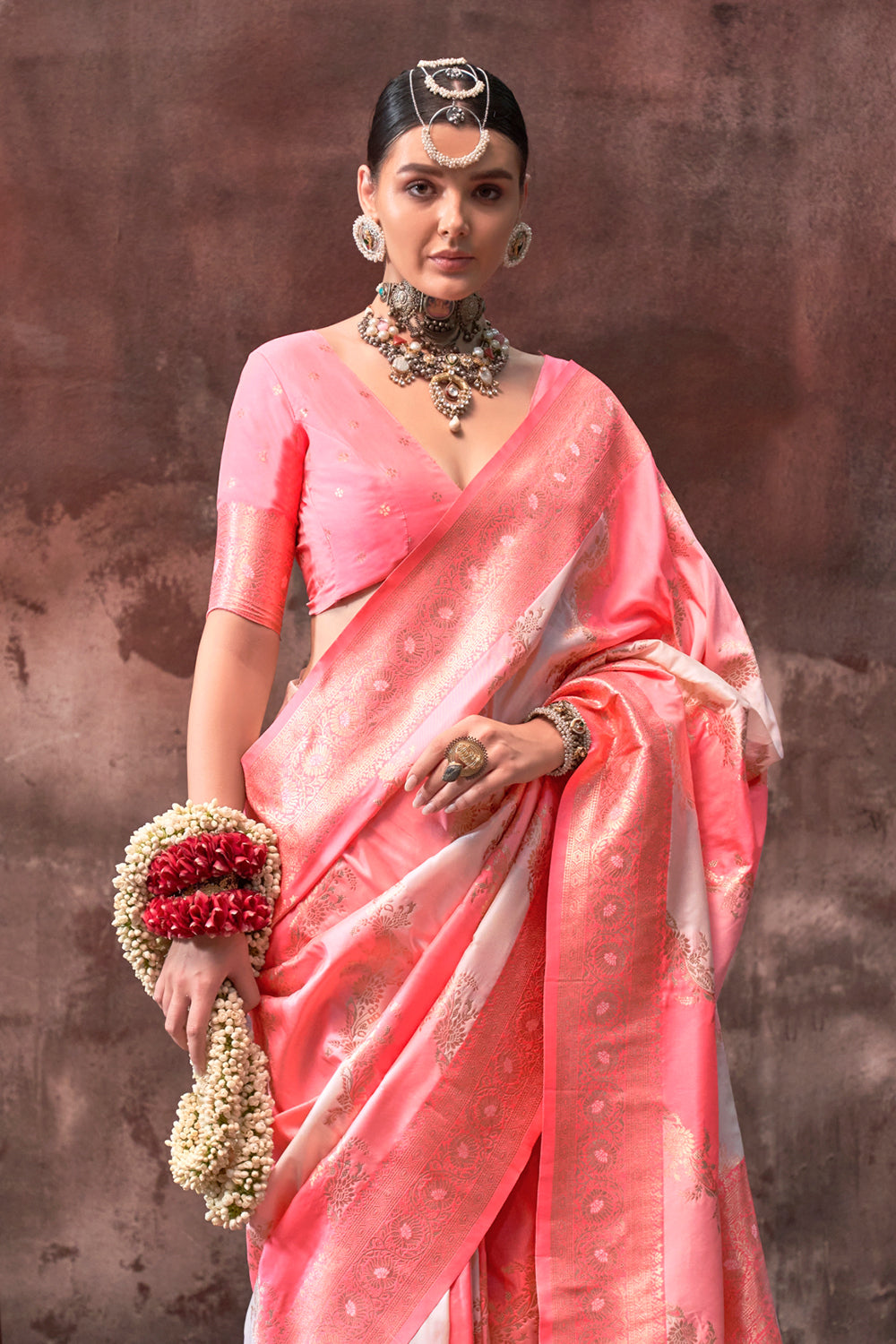 Multicolor Rangkaat Woven Saree With Coral Blouse