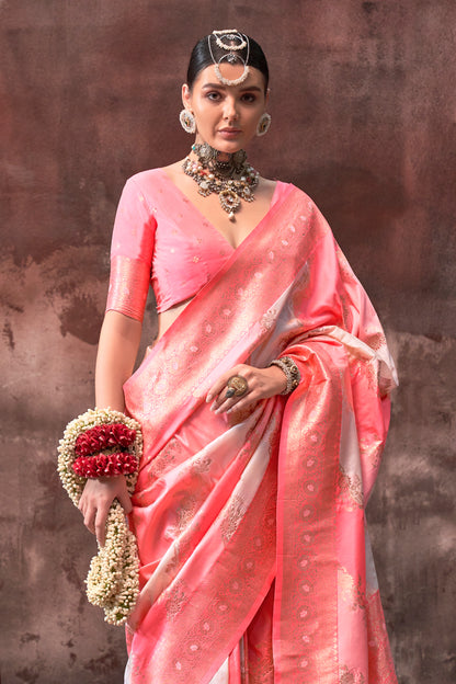 Multicolor Rangkaat Woven Saree With Coral Blouse