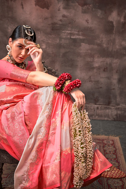 Multicolor Rangkaat Woven Saree With Coral Blouse