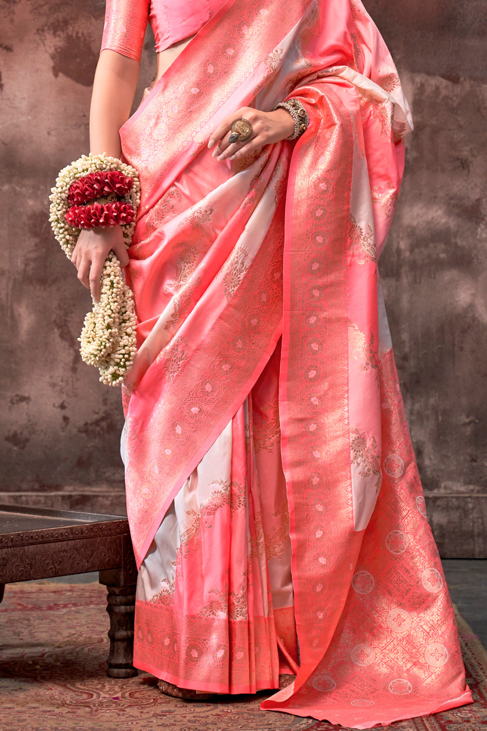 Multicolor Rangkaat Woven Saree With Coral Blouse