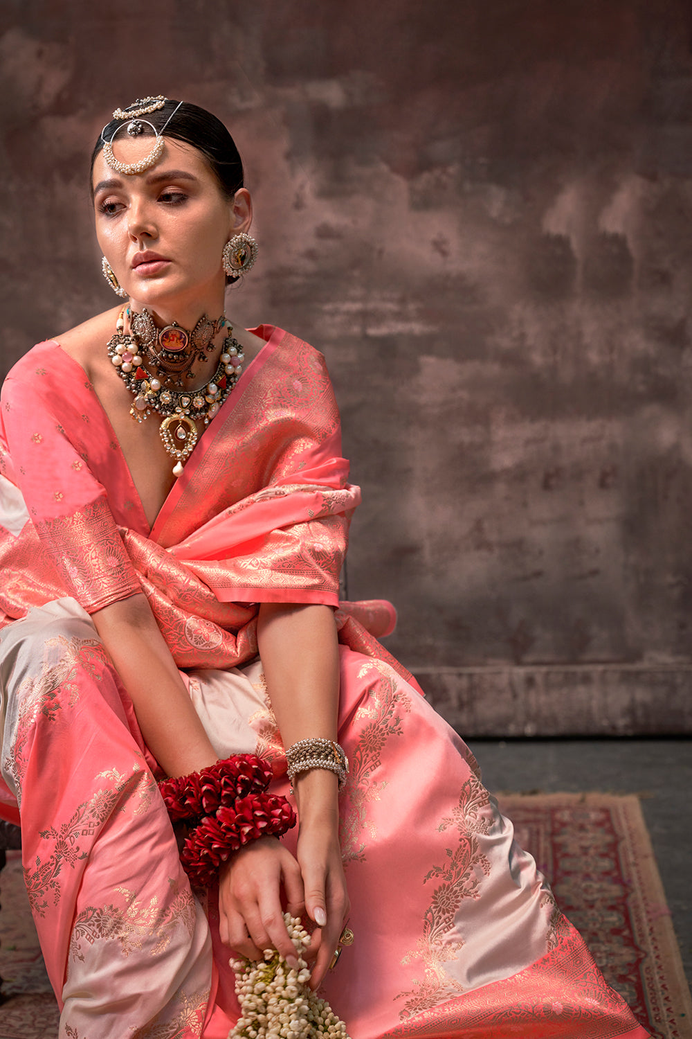 Multicolor Rangkaat Woven Saree With Coral Blouse