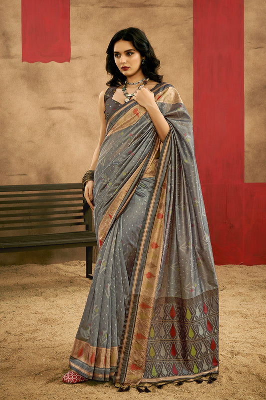 Grey Patola Saree With Blouse
