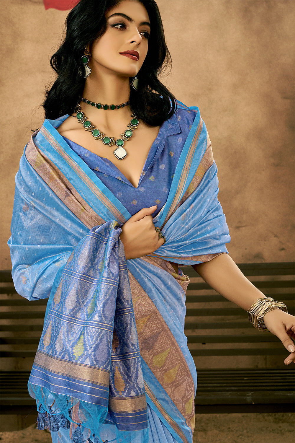 Light Blue Patola Saree With Blouse