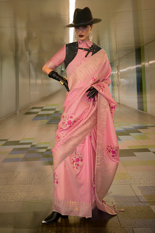 Pink Katan Saree With Butti Blouse