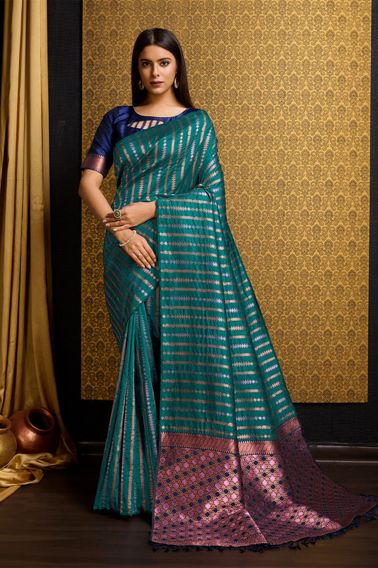 Sea Green Banarasi Saree with Stripes pattern
