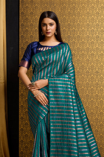 Sea Green Banarasi Saree with Stripes pattern