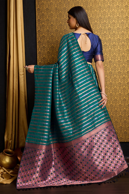 Sea Green Banarasi Saree with Stripes pattern