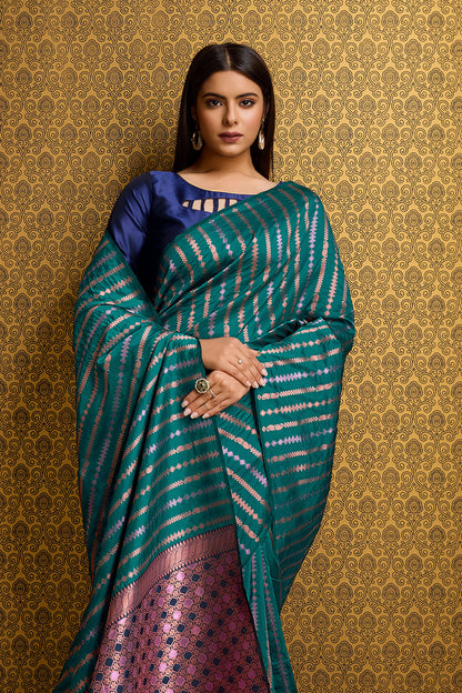 Sea Green Banarasi Saree with Stripes pattern