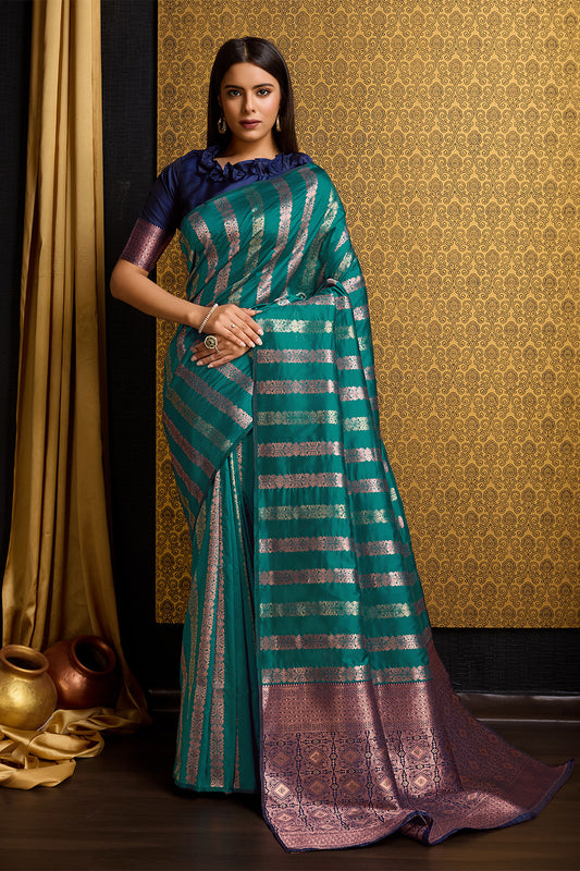 Sea Green Banarasi Saree with Stripes Design