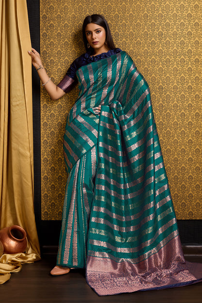 Sea Green Banarasi Saree with Stripes Design