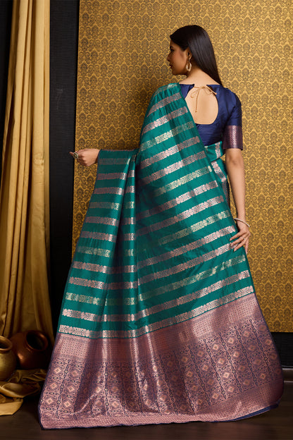 Sea Green Banarasi Saree with Stripes Design
