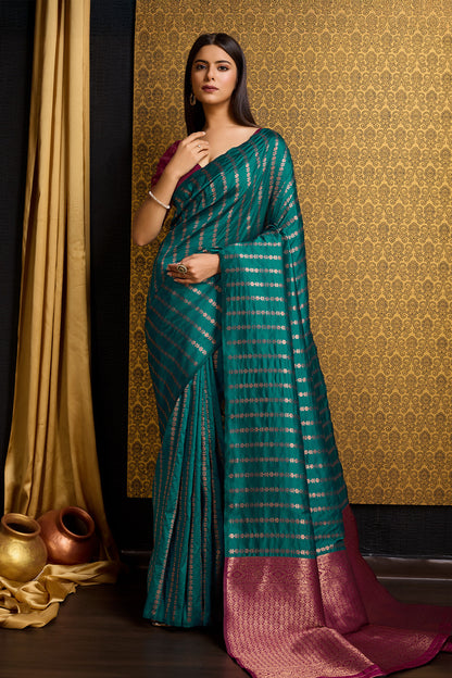 Sea Green Banarasi Saree with Stripes Design and contrast pallu