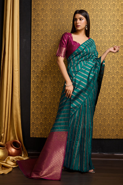 Sea Green Banarasi Saree with Stripes Design and contrast pallu