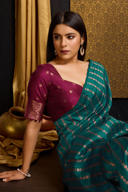 Sea Green Banarasi Saree with Stripes Design and contrast pallu