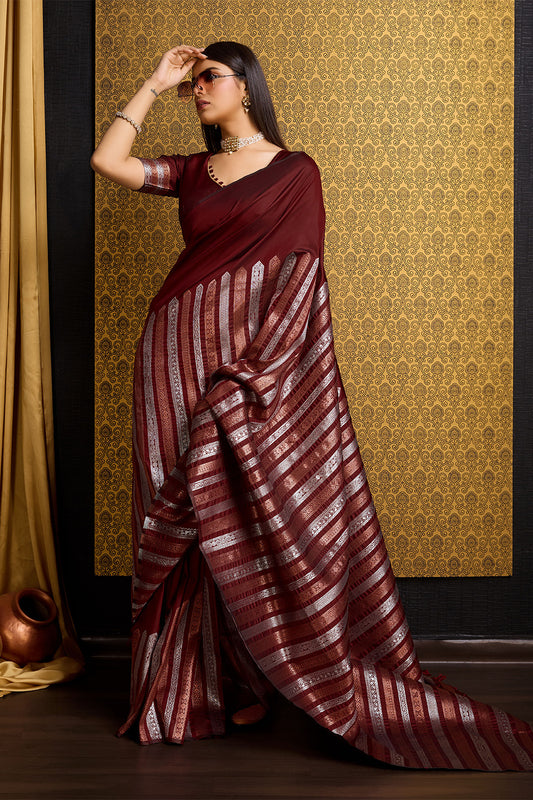 Maroon Banarasi Saree with stripe pattern