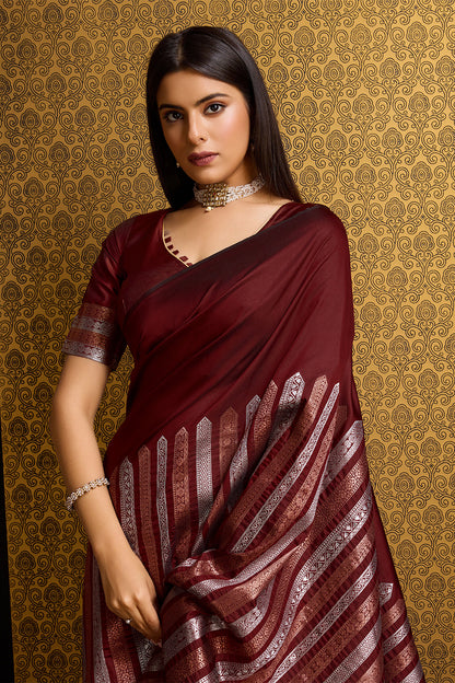 Maroon Banarasi Saree with stripe pattern