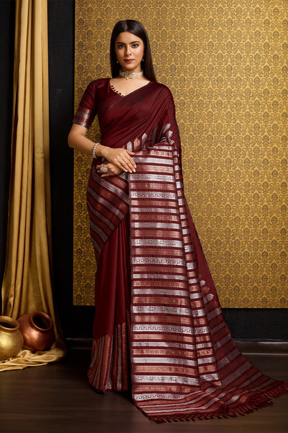 Maroon Banarasi Saree with stripe pattern