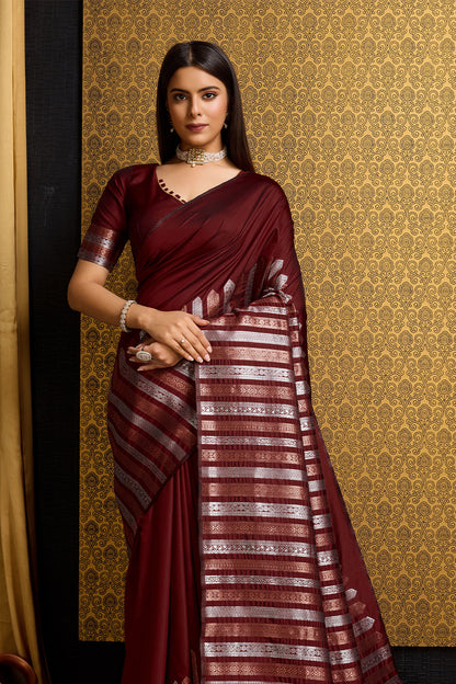 Maroon Banarasi Saree with stripe pattern