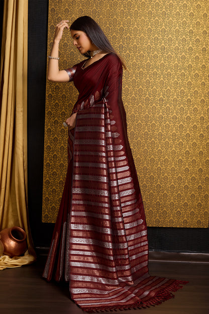 Maroon Banarasi Saree with stripe pattern