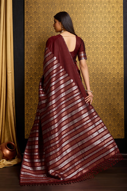 Maroon Banarasi Saree with stripe pattern
