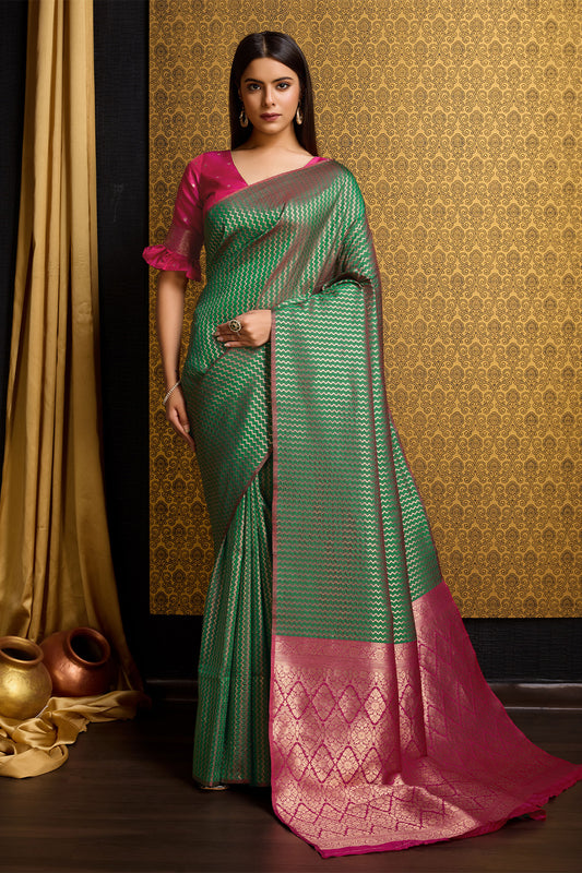 Green Banarasi Saree with stripe pattern with contrast pallu