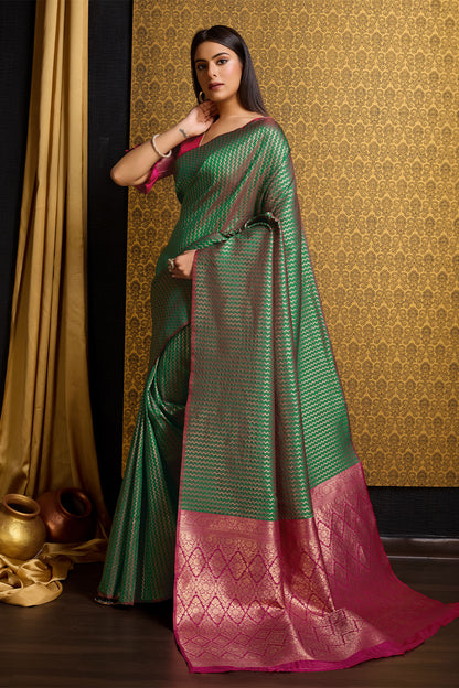 Green Banarasi Saree with stripe pattern with contrast pallu