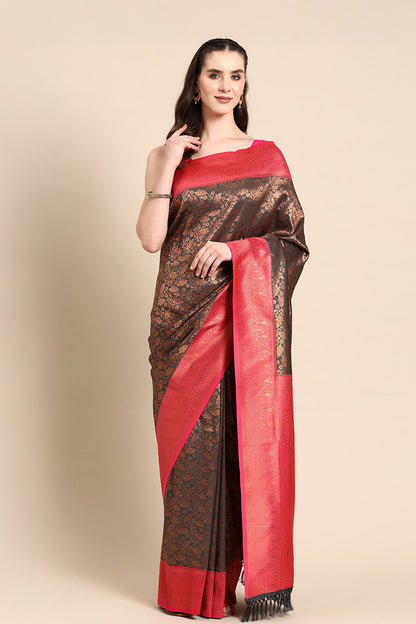 Grey banarasi saree with broad orange border