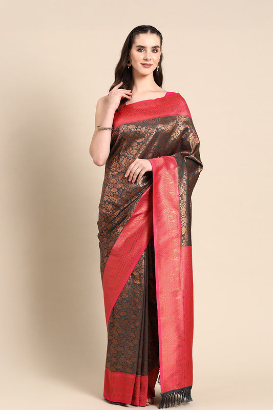 Grey banarasi saree with broad orange border