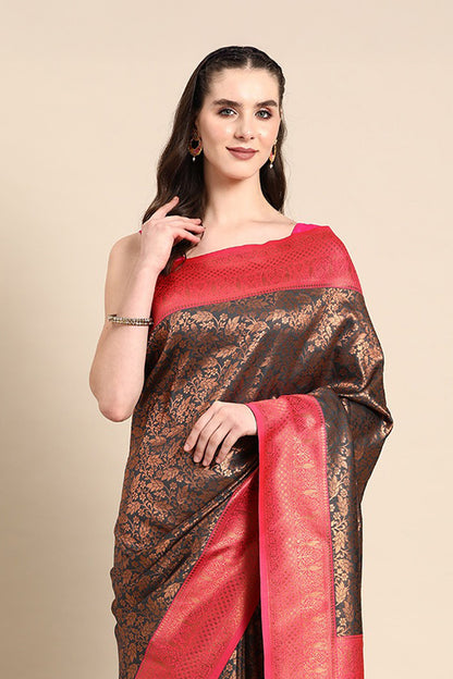 Grey banarasi saree with broad orange border