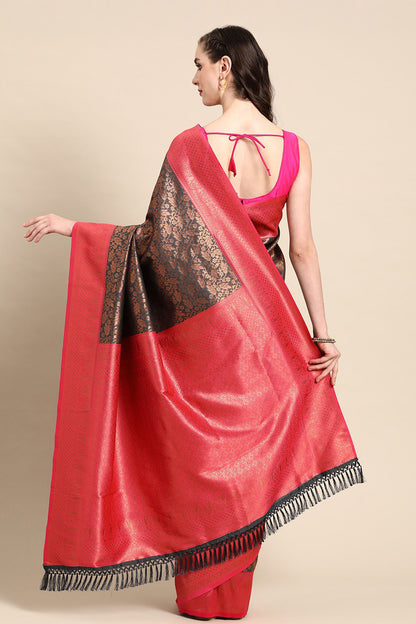 Grey banarasi saree with broad orange border