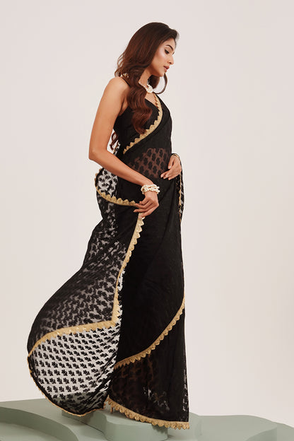 Black Sequinned Brasso Saree With Blouse
